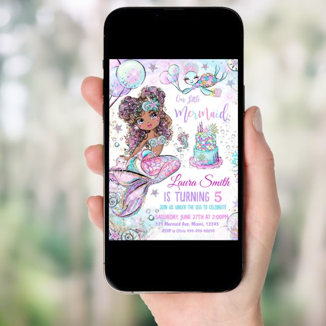 Mermaid Birthday Invitation Unicorn Black Mermaid  (Front Digital)