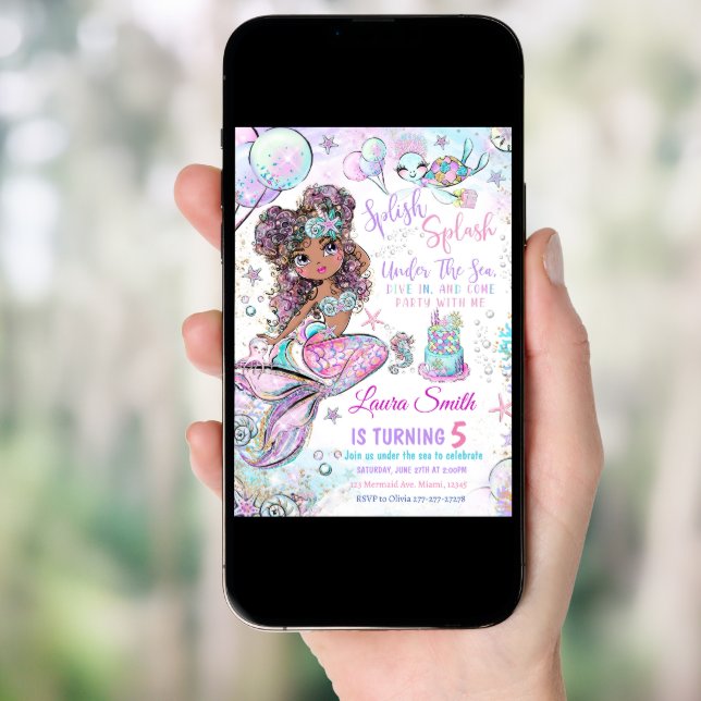 Mermaid Birthday Invitation Unicorn Black Mermaid  (Front Digital)