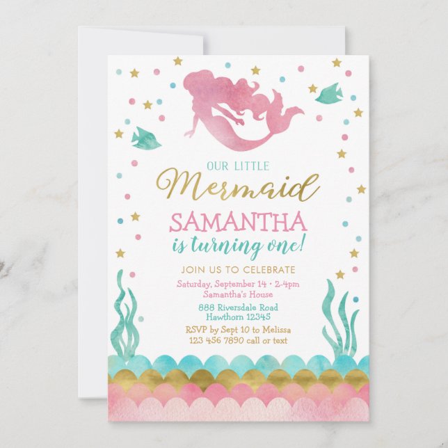 Mermaid Birthday Invitation, Watercolor Mermaid Invitation (Front)