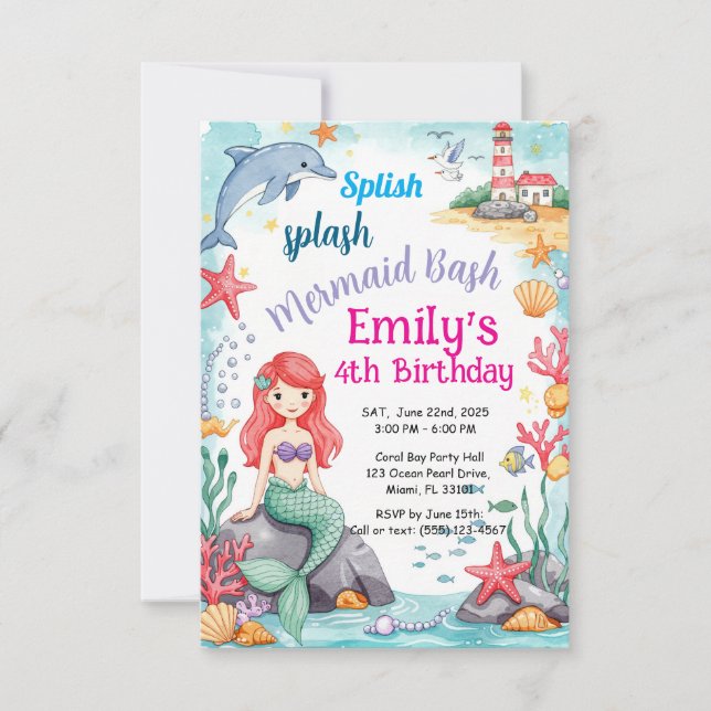 Mermaid Birthday Invitation Watercolor Style (Front)
