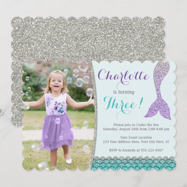 Mermaid Birthday Invitation with Photo (Front/Back)