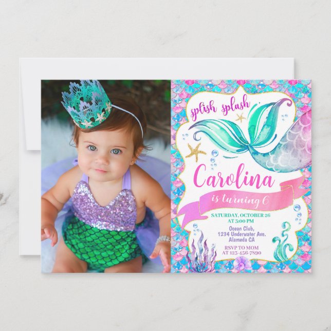 Mermaid Birthday Invitation with Photo (Front)