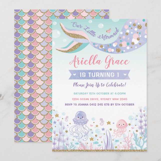 Mermaid Birthday Invite Under the Sea Pool Party (Front/Back)