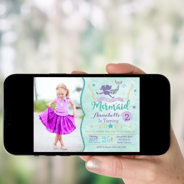 Mermaid Birthday Invite With Photo (Front Digital)