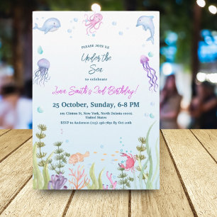 Mermaid Birthday Kids Colorful Ocean Animals Party Invitation