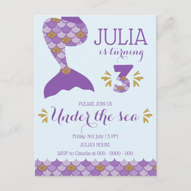 Mermaid Birthday Mermaid Number 3 Invitation Postcard (Front)