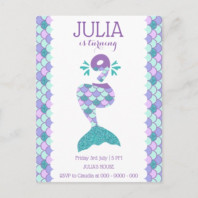 Mermaid Birthday Mermaid Number 9 Invitation Postcard (Front)