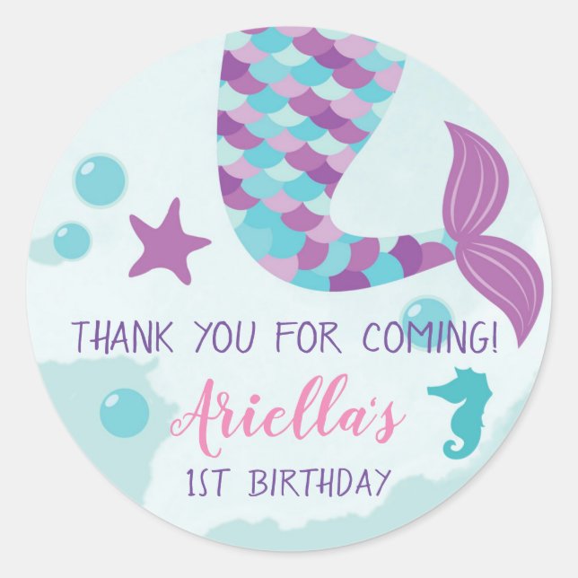 Mermaid Birthday Party Classic Round Sticker (Front)