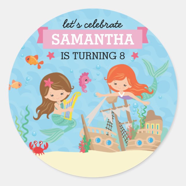 Mermaid Birthday Party Classic Round Sticker (Front)