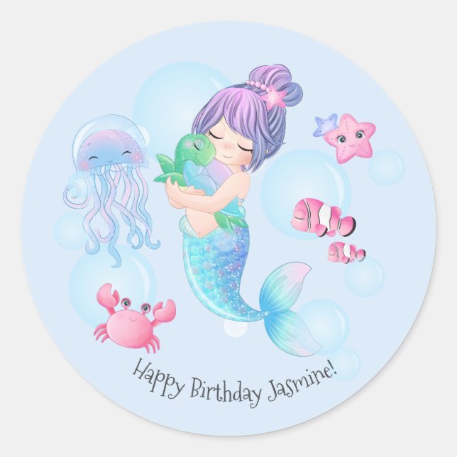 Mermaid Birthday Party Classic Round Sticker (Front)