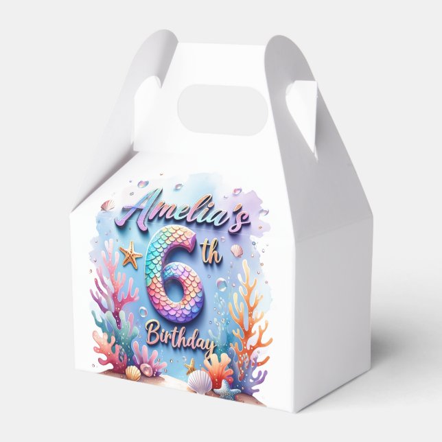 Mermaid Birthday Party Custom Name & Age Amelia 6 Favor Boxes (Front Side)