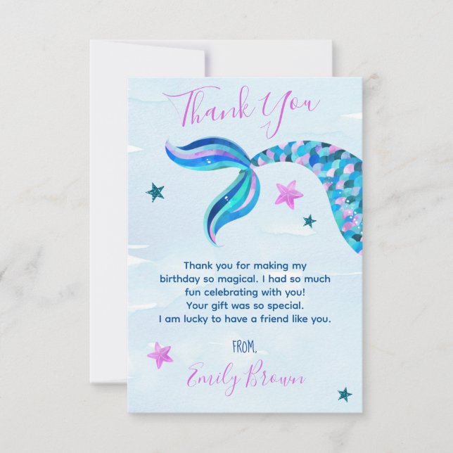 Mermaid Birthday Party Custom Thank You Cards (Front)