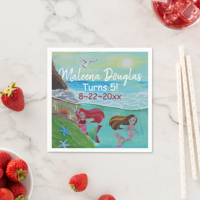 Mermaid Birthday Party, Cute Red Turquoise Ocean Napkins (Insitu)