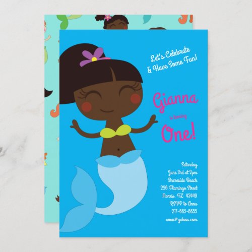 Mermaid Birthday Party Dark Skin Black Asian Invitation