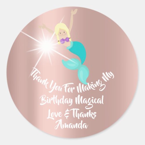 Mermaid Birthday Party Favor Girl Spark Rose Blond Classic Round Sticker