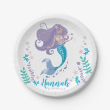 Mermaid Birthday Party Girl Paper Plate 7" Plates