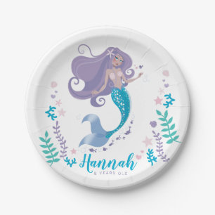 Mermaid Birthday Party Girl Paper Plate 7" Plates