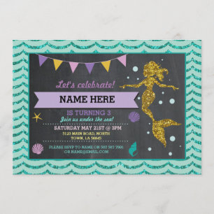 Mermaid Birthday Party Gold Glitter Sea Invitation