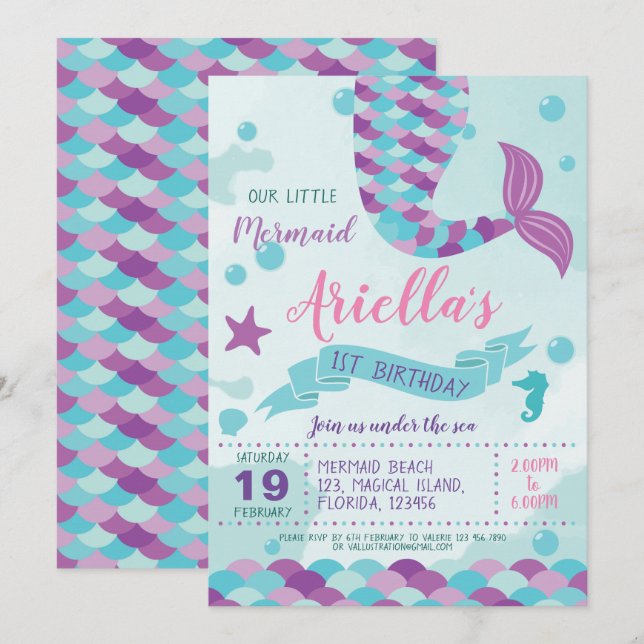 Mermaid Birthday Party Invitation (Front/Back)