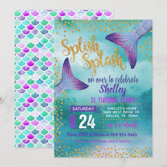 Mermaid Birthday Party Invitation (Front/Back)
