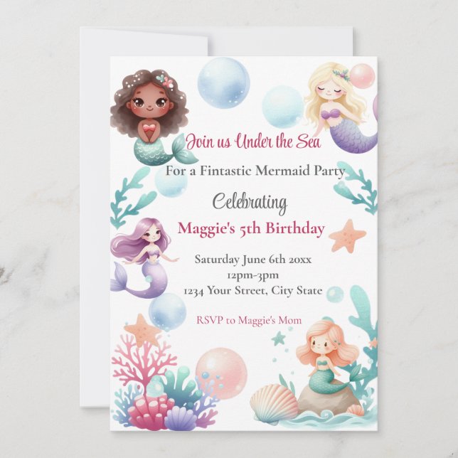 Mermaid Birthday Party Invitation for Girls (Front)