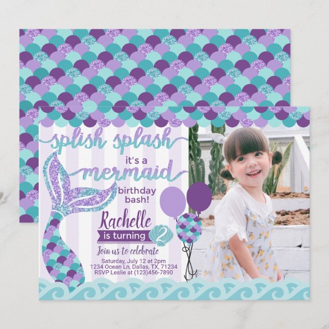Mermaid Birthday Party Invitation Invite (Front/Back)