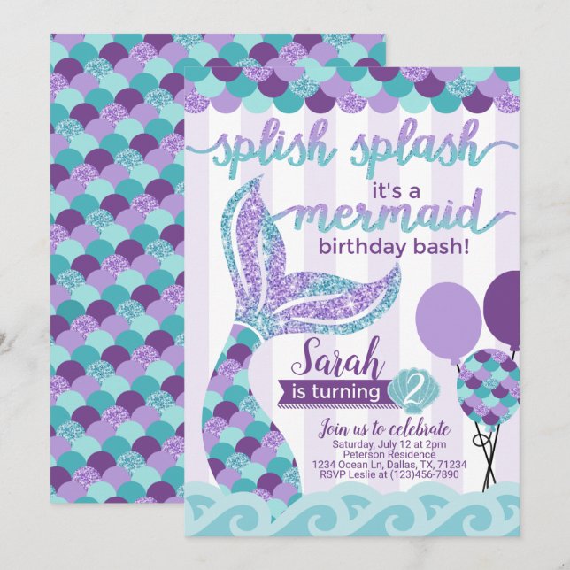 Mermaid Birthday Party Invitation Invite (Front/Back)