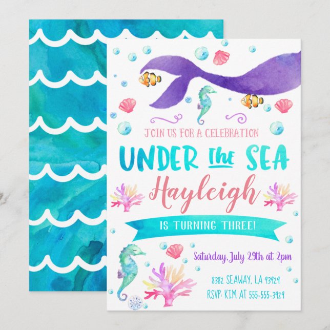 Mermaid Birthday Party Invitation Mermaid (Front/Back)