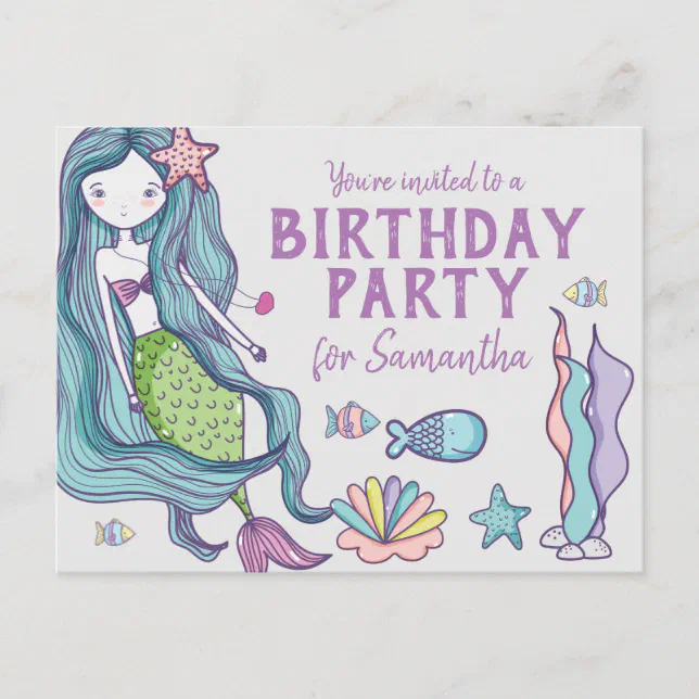 Mermaid Birthday Party Invitation Postcard | Zazzle