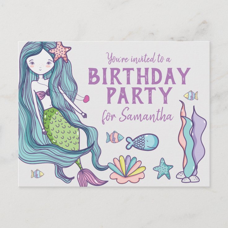 Mermaid Birthday Party Invitation Postcard | Zazzle