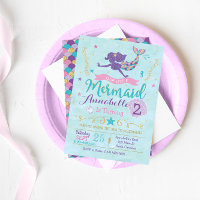 Mermaid Birthday Party Invitation Purple Pink Gold