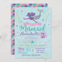 Mermaid Birthday Party Invitation Purple Pink Gold