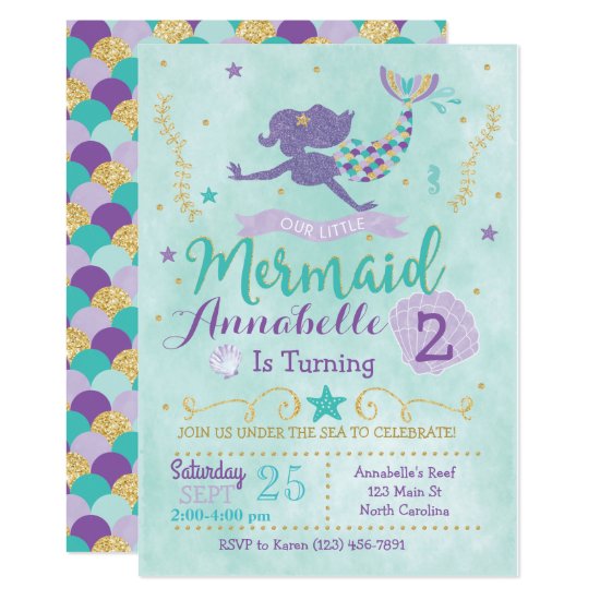 Mermaid Birthday Party Invitation Purple Teal Gold