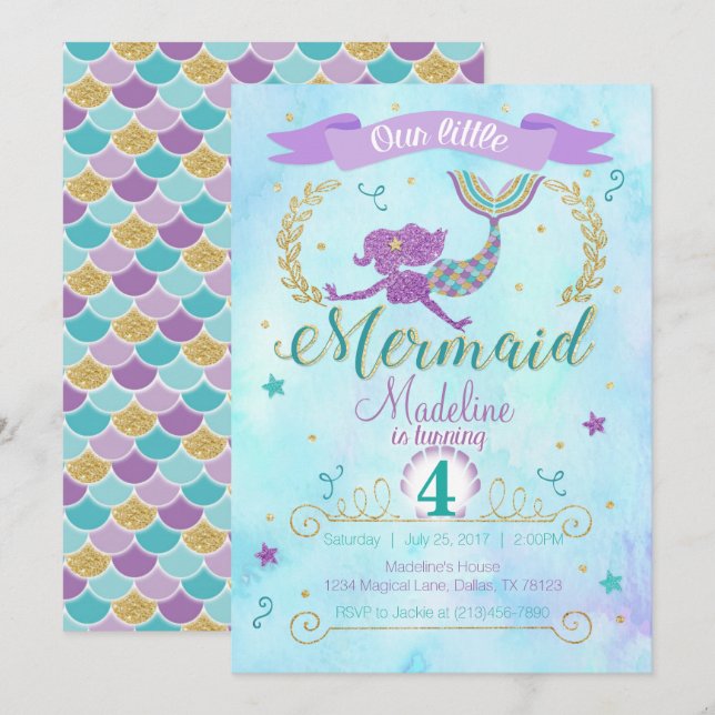 Mermaid Birthday Party Invitation Purple Teal Gold (Front/Back)