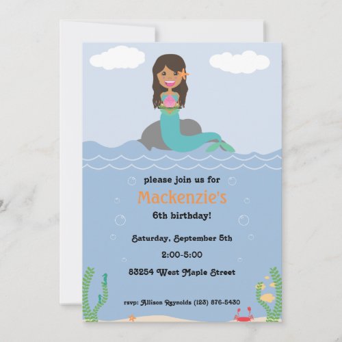 Mermaid Birthday Party Invitation - Tan/Dark Brown
