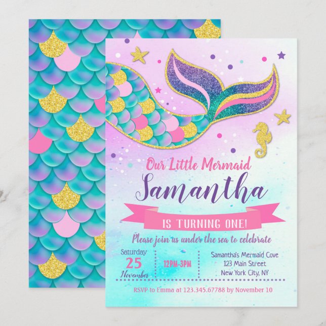 Mermaid Birthday Party Invitations (Front/Back)