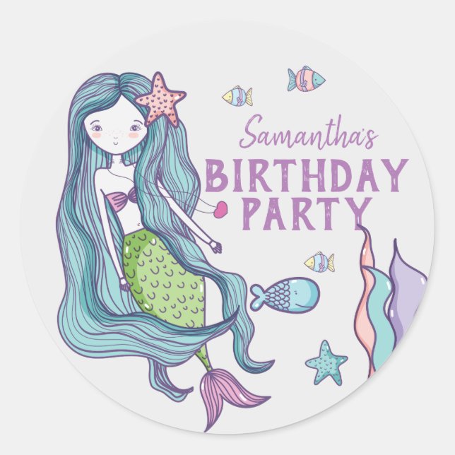 Mermaid Birthday Party Personalized Classic Round Sticker (Front)