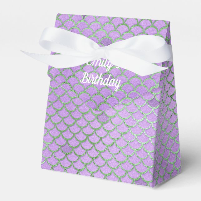 Mermaid Birthday Party Personalized Purple Silver Favor Boxes (Front Side)