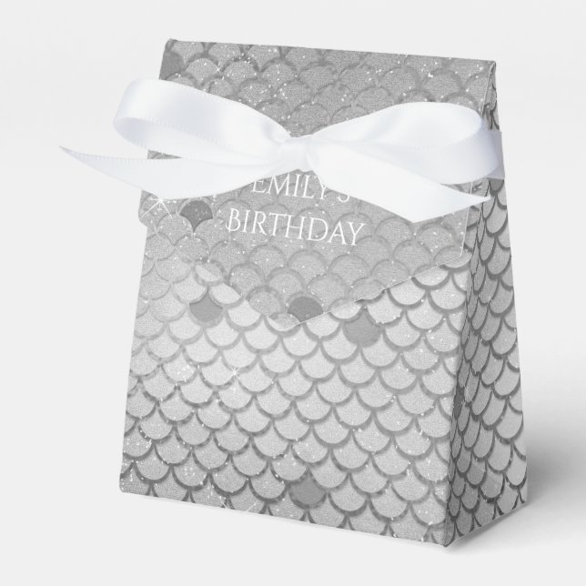 Mermaid Birthday Party Personalized Silver Gray Favor Boxes (Front Side)