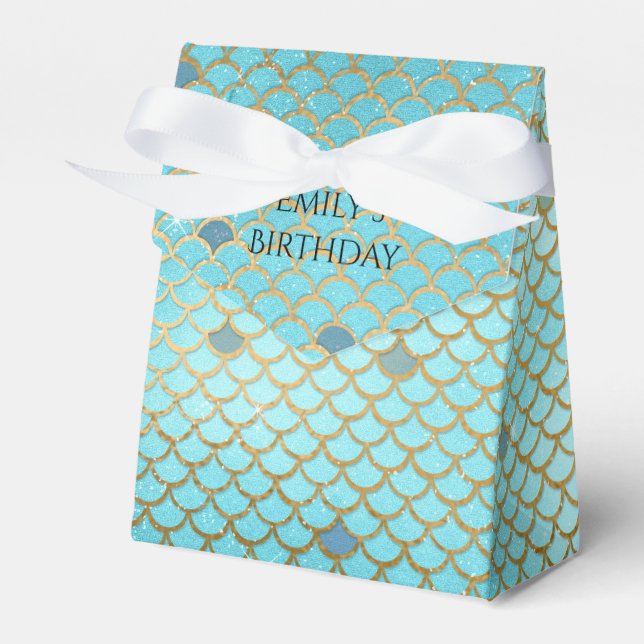 Mermaid Birthday Party Personalized Teal Gold Favor Boxes (Front Side)
