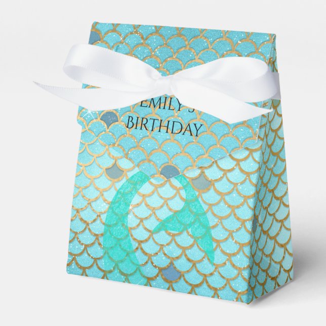 Mermaid Birthday Party Personalized Teal Gold Favor Boxes (Front Side)