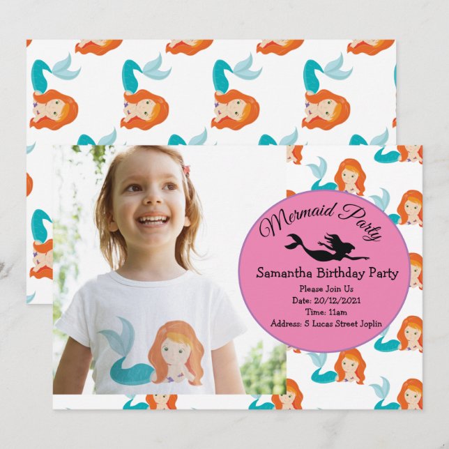  Mermaid Birthday Party photo Invitation (Front/Back)