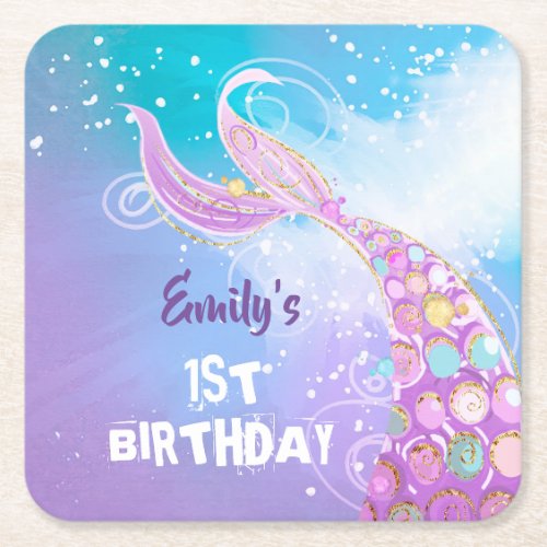Mermaid Birthday Party Square Paper Coaster