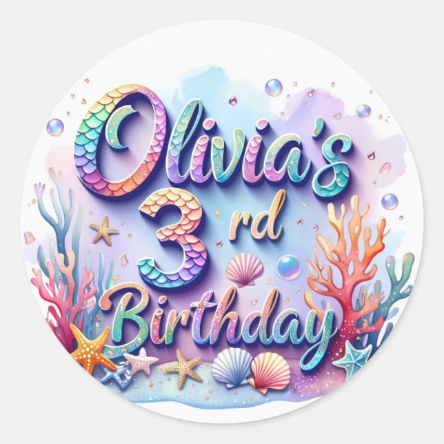 Mermaid Birthday Party Sticker – Custom Name & Age (Front)