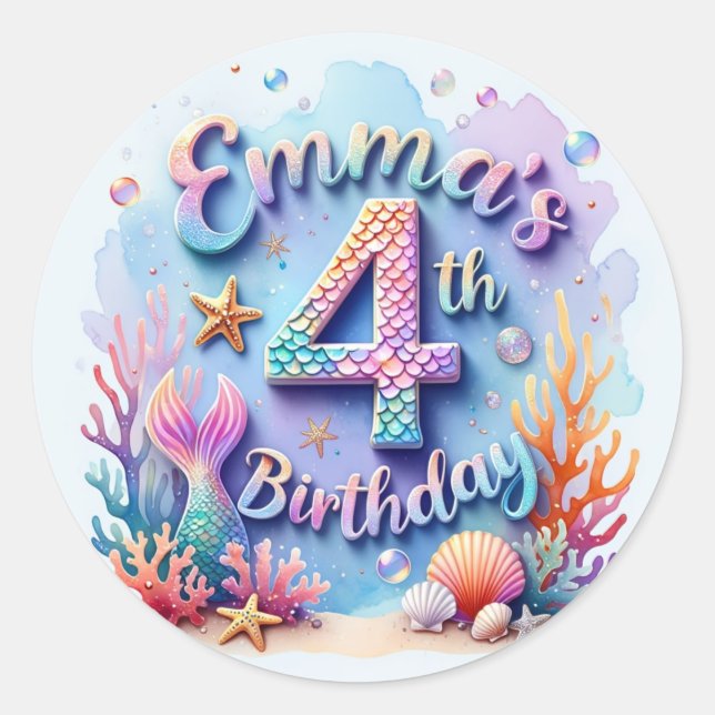 Mermaid Birthday Party Sticker Emma - 4th Birthday (Front)
