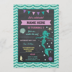 Mermaid Birthday Party Teal Pin Glitter Sea Invite