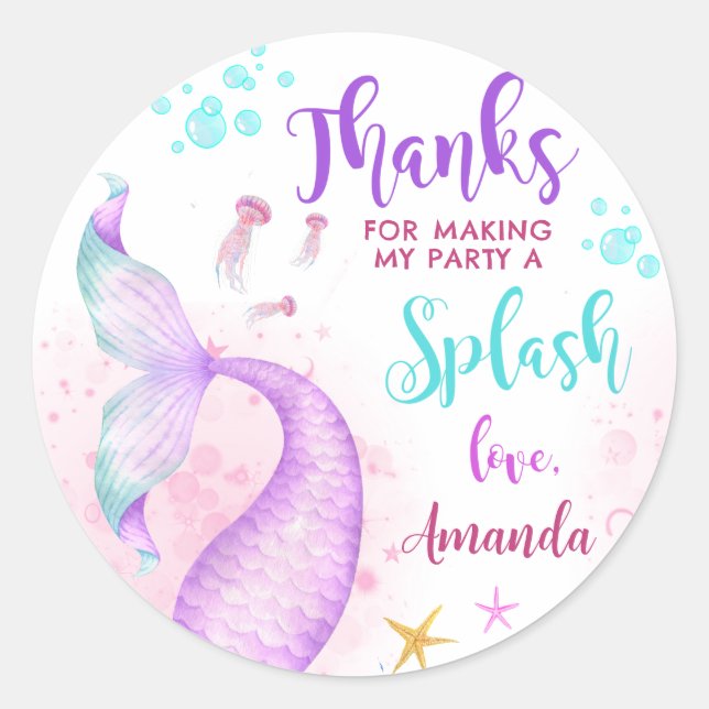 Mermaid Birthday Party Thank You Classic Classic Round Sticker (Front)