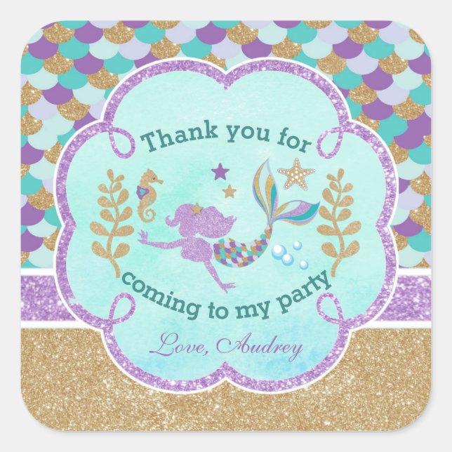Mermaid Birthday Party Thank you Favor Sticker (Front)