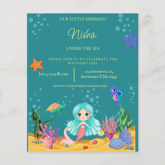 MERMAID BIRTHDAY PARTY THEME FOR GIRLS ANNOUNCEMEN (Front)