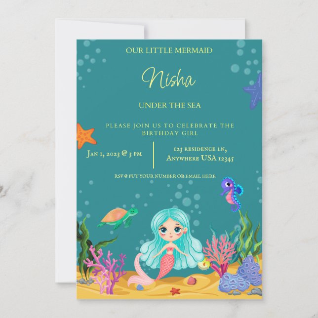 MERMAID BIRTHDAY PARTY THEME FOR GIRLS ANNOUNCEMENT (Front)